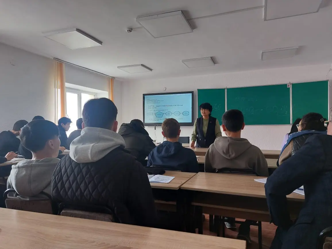03.03.2026 г. в колледже прошёл открытый урок с группой Э1-152 по общей биологии на тему «Обмен веществ и энергии», который провела преподаватель Сейтказиева Алтын Омурбековна.